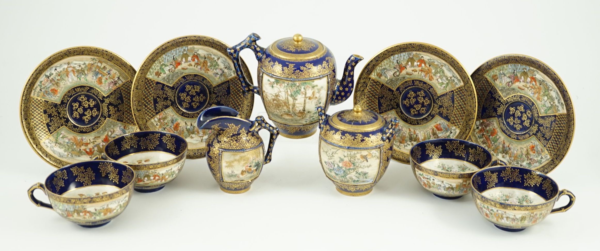 A group of Japanese Satsuma pottery tea wares, by Kinkozan, Meiji period, Saucers 15.2cm